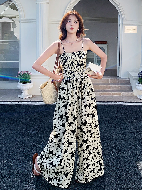 Pantalones de una pieza con estampado Floral para mujer, Vaion Sle, holgados, de pierna ancha, informales, adelgazantes, de cintura alta, largos, verano