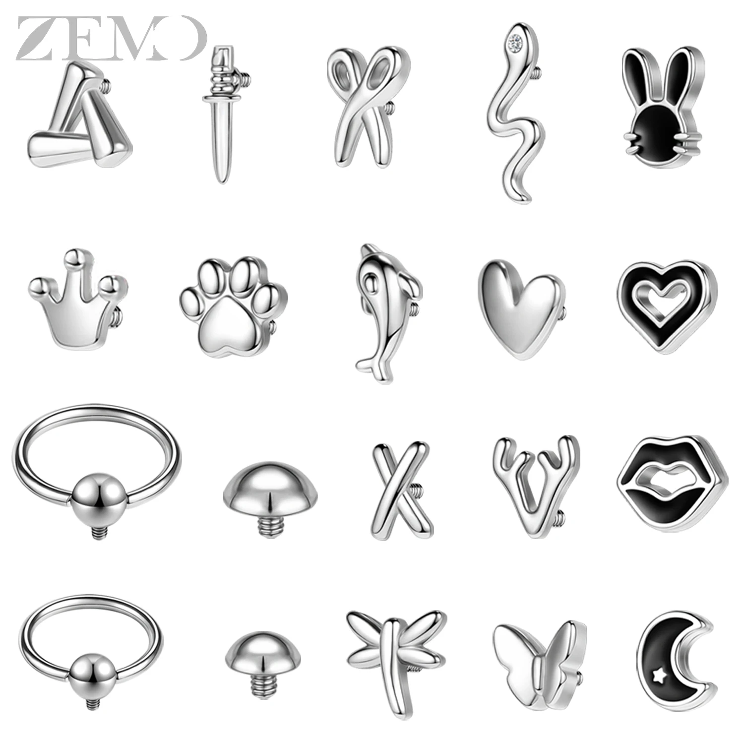 ZEMO 1 STÜCK Punk Edelstahl Dermal Anker Damen Herren Micro Dermal Piercing Schlangenkrone Schwert Mikrohautoberfläche Körperpiercings