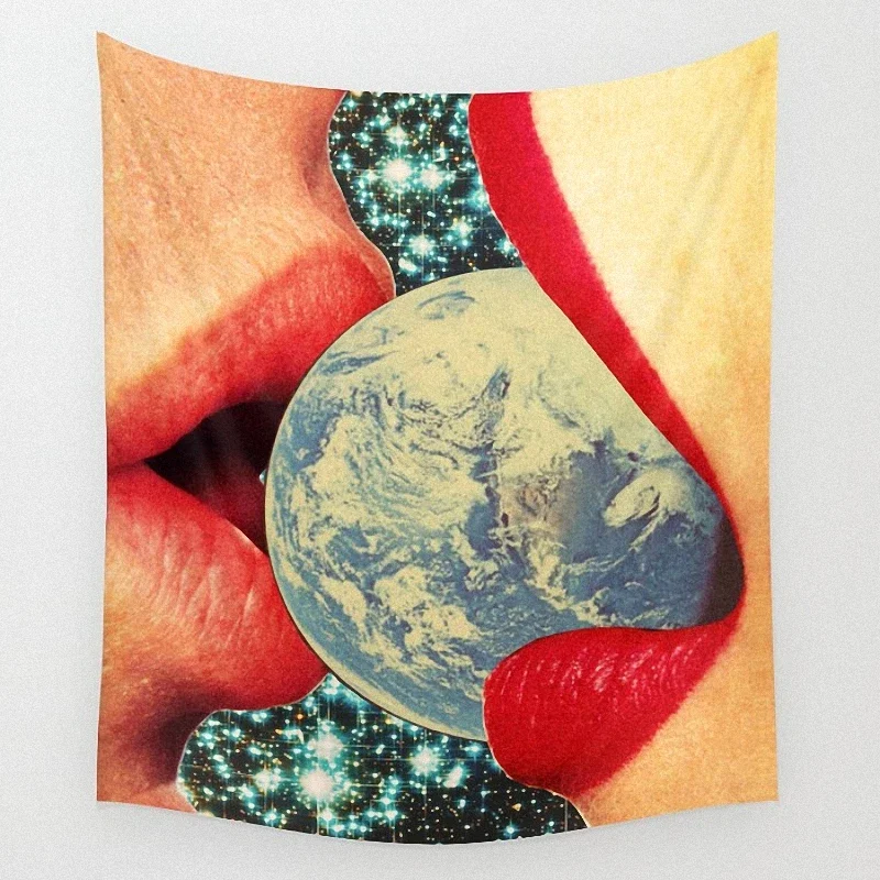 Kiss the Earth Poster Four Holes Banners Wall Flags Tapestry Cloth Art Bar Cafe Hotel Theme
