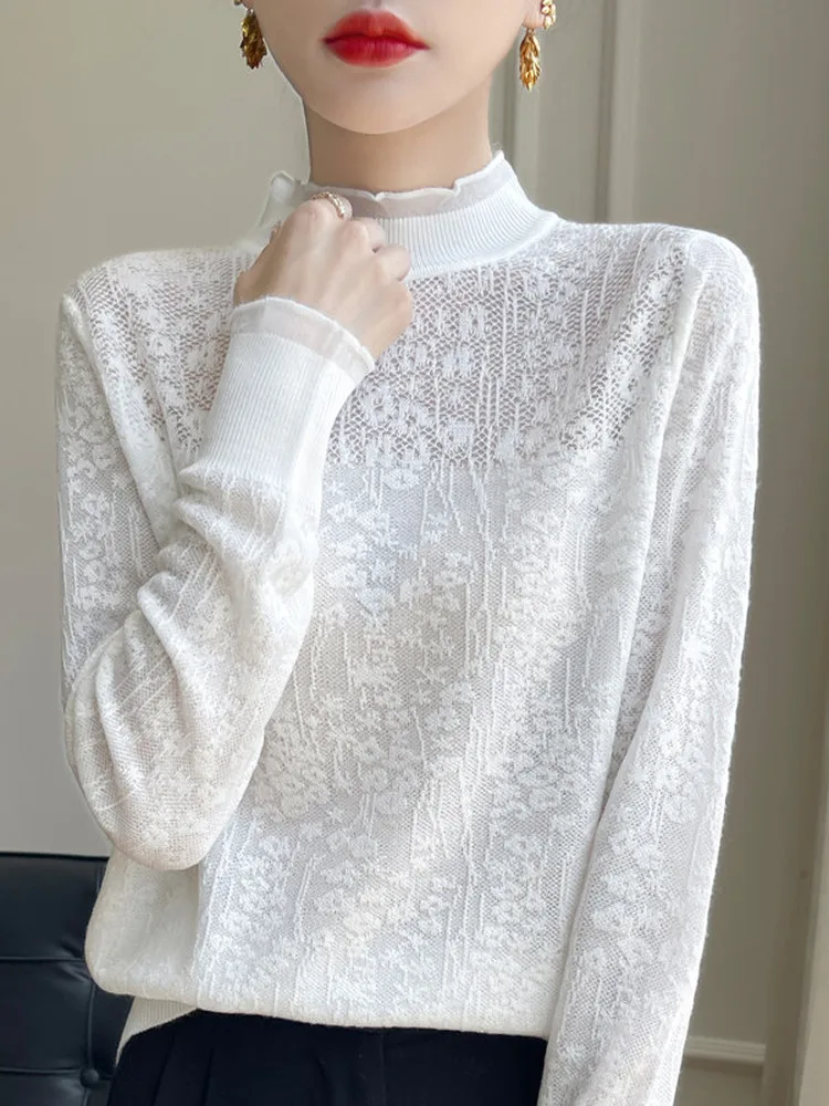 Lace Half High Collar Fine Spun Wool Knitted Sweater Women's Autumn Overhead Base Shirt Stylish Ageless Knitwear Top