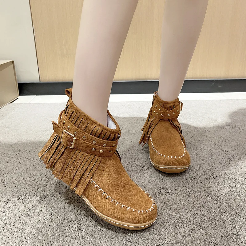 

New hand-stitched short fringed boots for women's export, flat-bottomed willow stud belt buckle side zipper