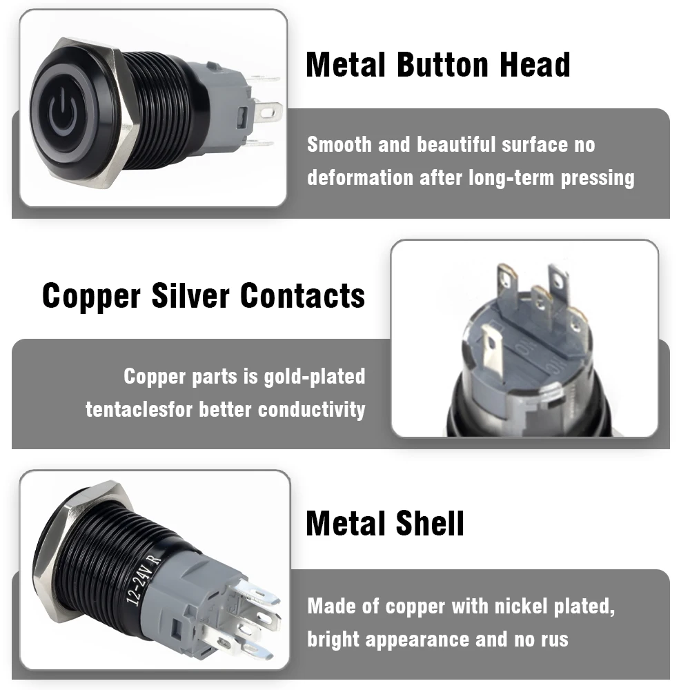 12/16/19/22mm Waterproof Metal Push Oxidized Black Button Switch LED Light Momentary Latching Car Engine Power Switch 5V 12V 24V image 5