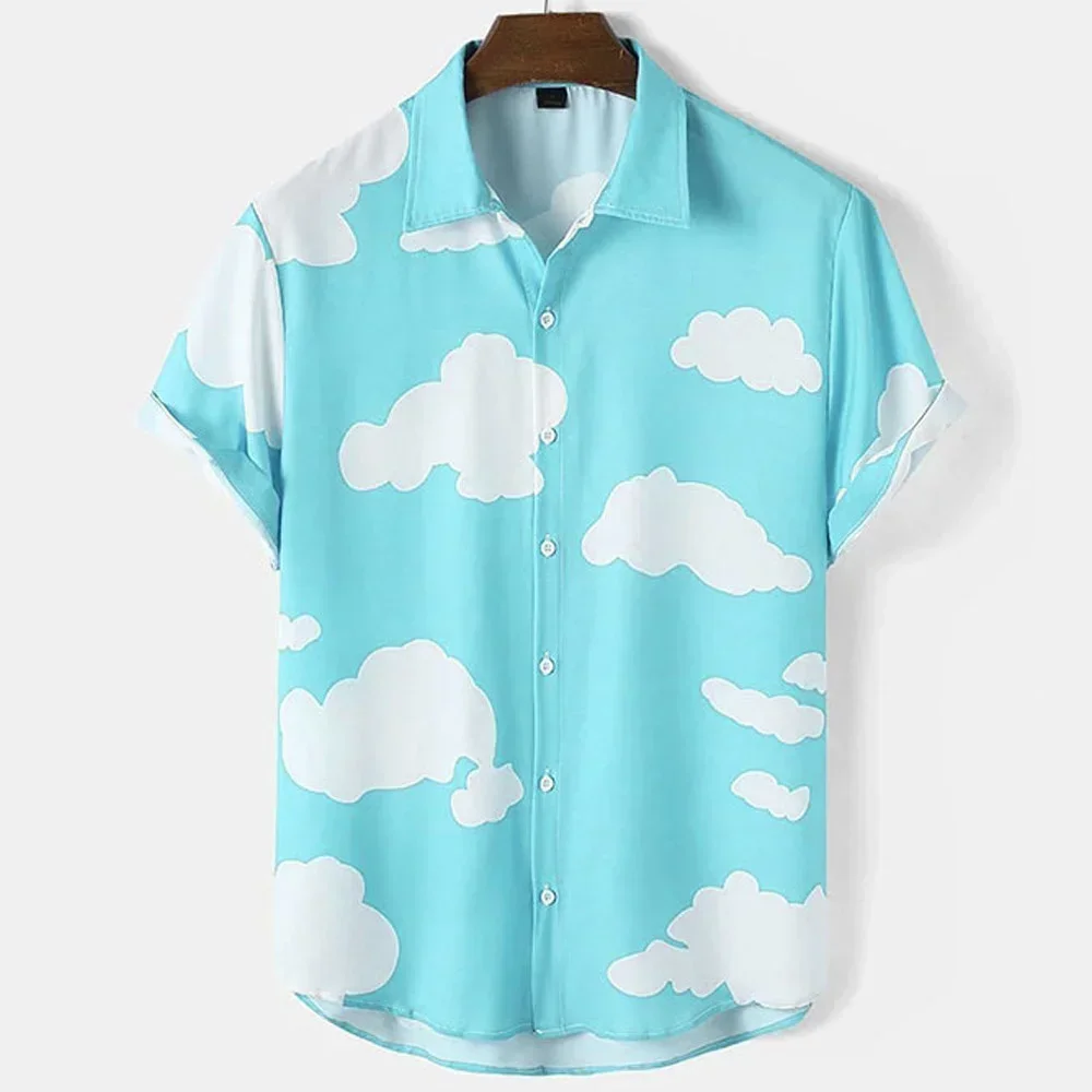 

3D printed men's cloud patterned short sleeved shirts and fashionable Hawaiian vacation clothing,