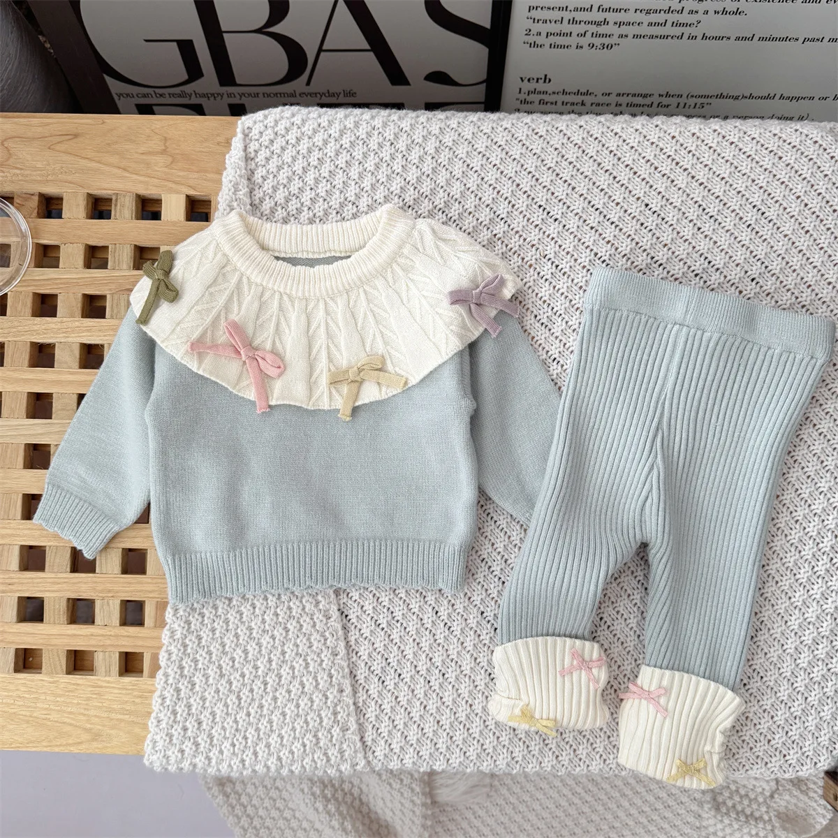 5487 Baby Clothing Set 2026 Autumn And Winter Knitted Wool Suit Baby Doll Collar Bow Sweater+ Leggings Girl's Two-piece Suit