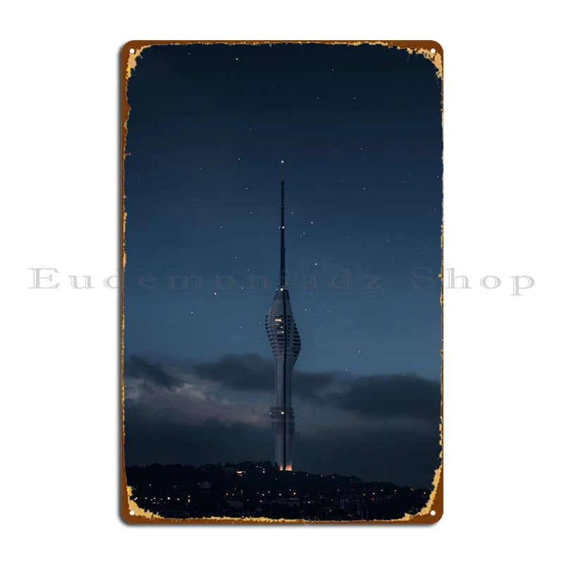 Skyscraper Tower At Night Metal Sign Garage Design Pub Home Club Tin Sign Poster