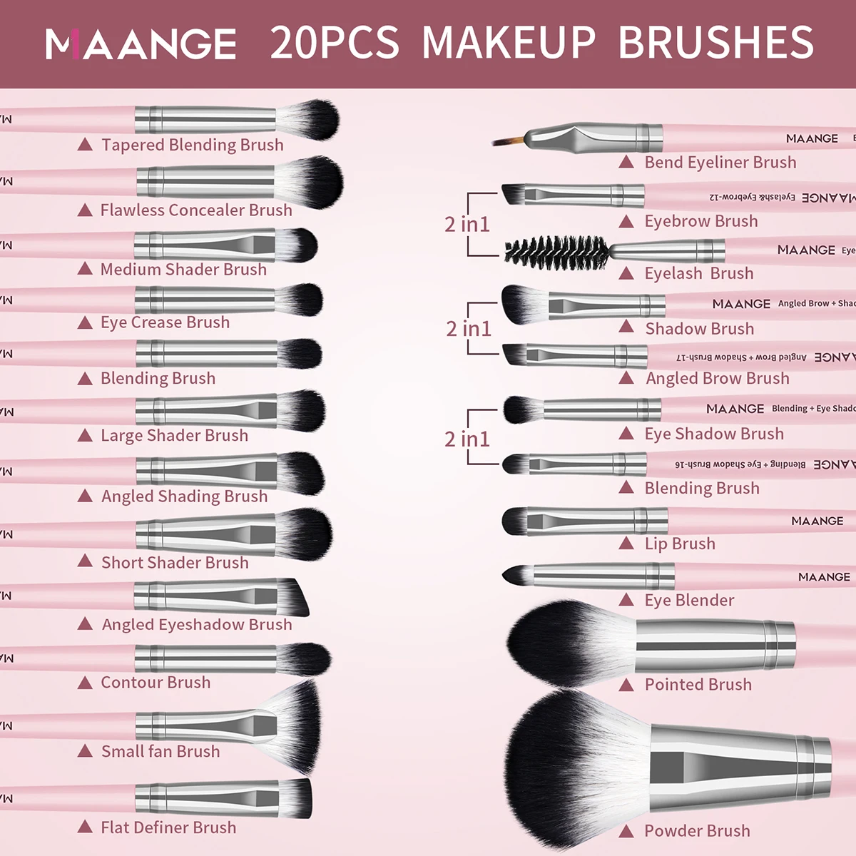 MAANGE 20pcs Professional Makeup Brushes Set for Foundation Blush Contour Eyeshadow Dense Bristle Face Costmetic Makeup Tool Kit