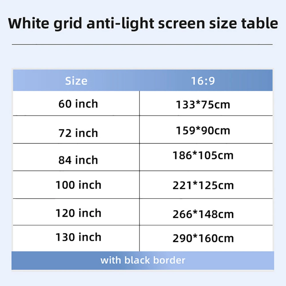 VEIDADZ Projection Screen White Grid Anti-Light 160 ° Viewing Angle 130 120 100 84 inch Reflective Projector Screen indoor Movie