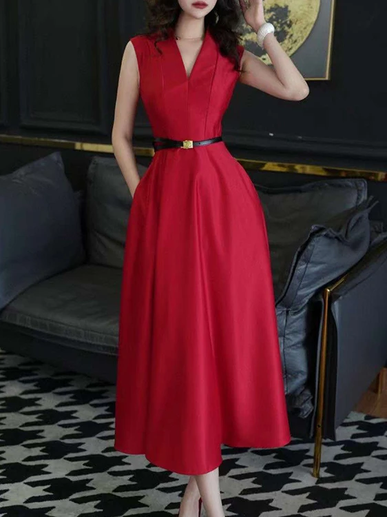 

Elegant Red Sleeveless Dress Women's Summer High Quality Luxury Long Dress Korean Style V-neck High Waist Polyester Fiber