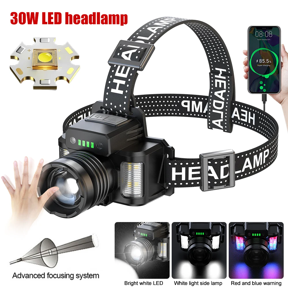 

Rechargeable High-power LEP Headlamp Fishing LED Headlight with 30W Lamp Beads and Infrared Sensors + Three-source Side Lights