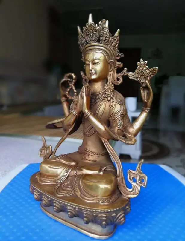 Rare China Tibet Bronze 4 Arms Kwan-yin Chenrizg Buddha lucky Statue