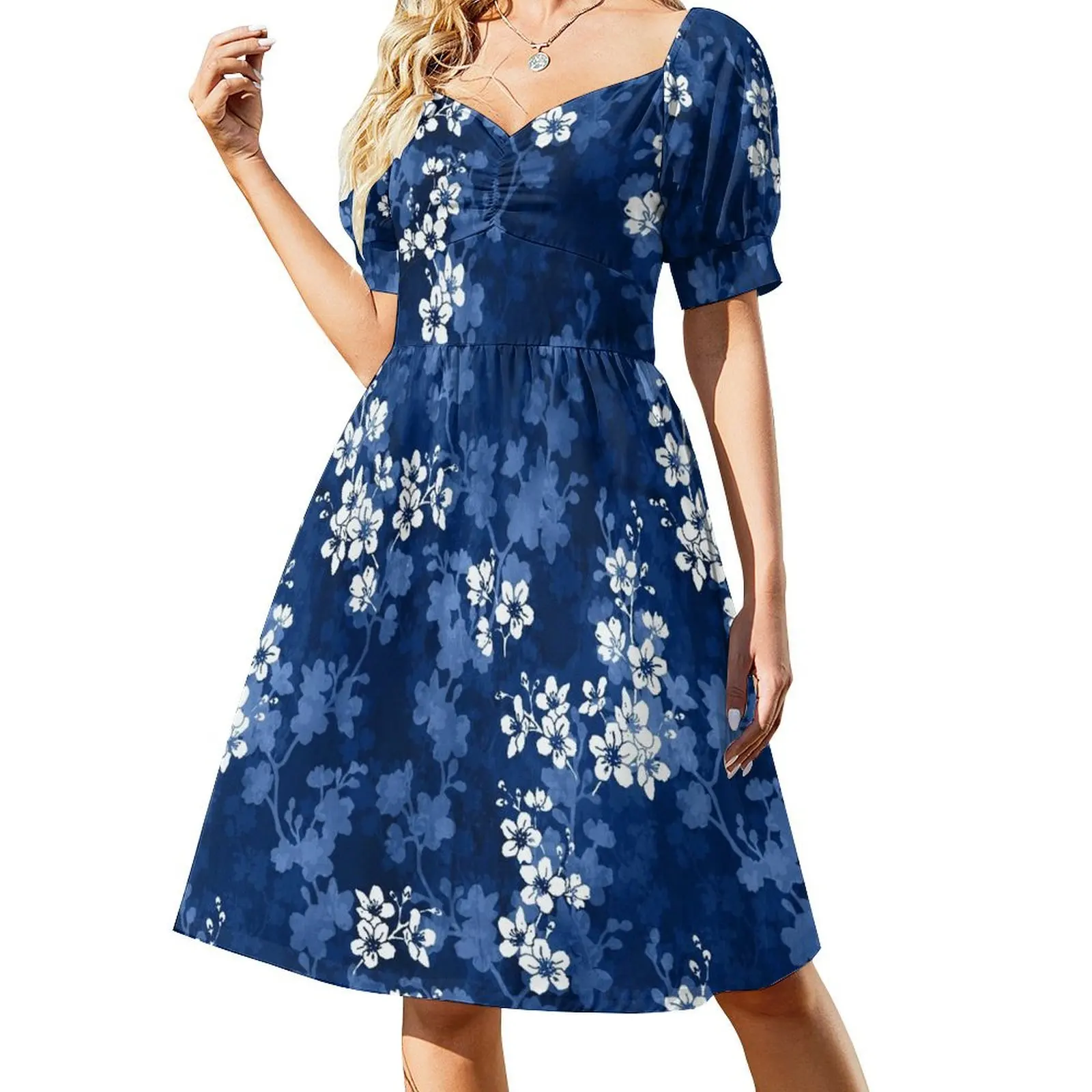 

Sakura blossom in deep blue Short Sleeved Dress summer dress daily dresses for womens 2025 Dress