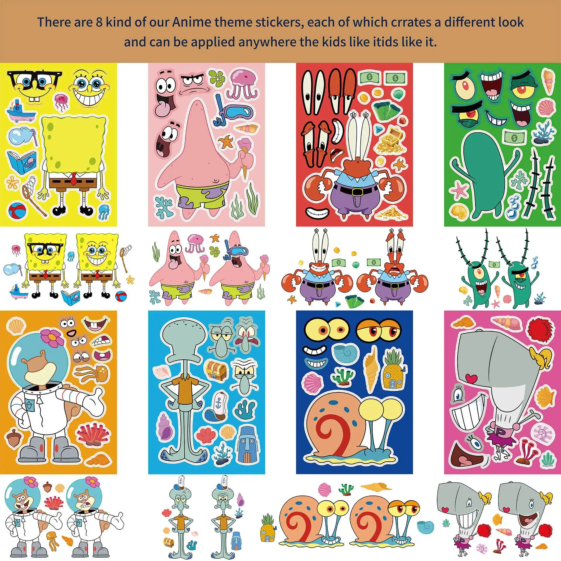 8/16PCS adesivi Spongebob Kawaii fai da te Cartoon Figure Sticker Cute Make A Face Puzzle Sticker bambini regali di compleanno giocattoli per bambini