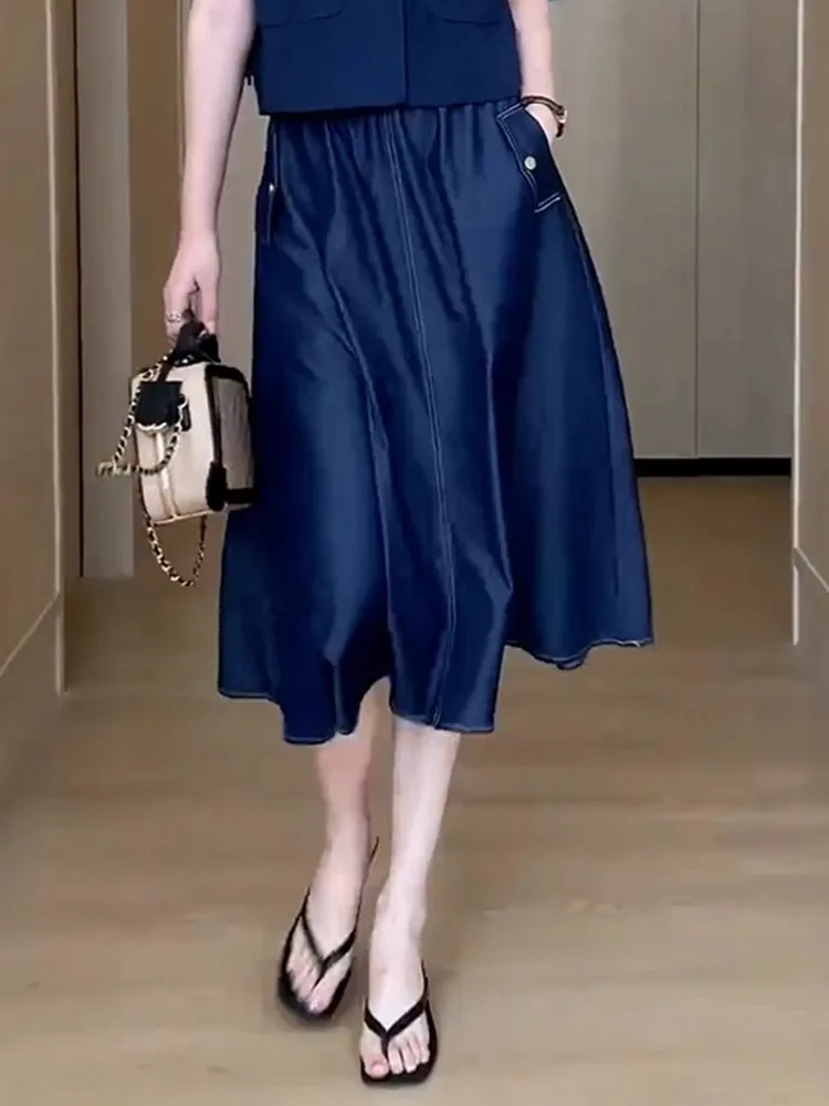 

Soft Denim Half Skirt for Women, Summer Thin Draped A-line Skirt, Versatile Blue Flared Skirt