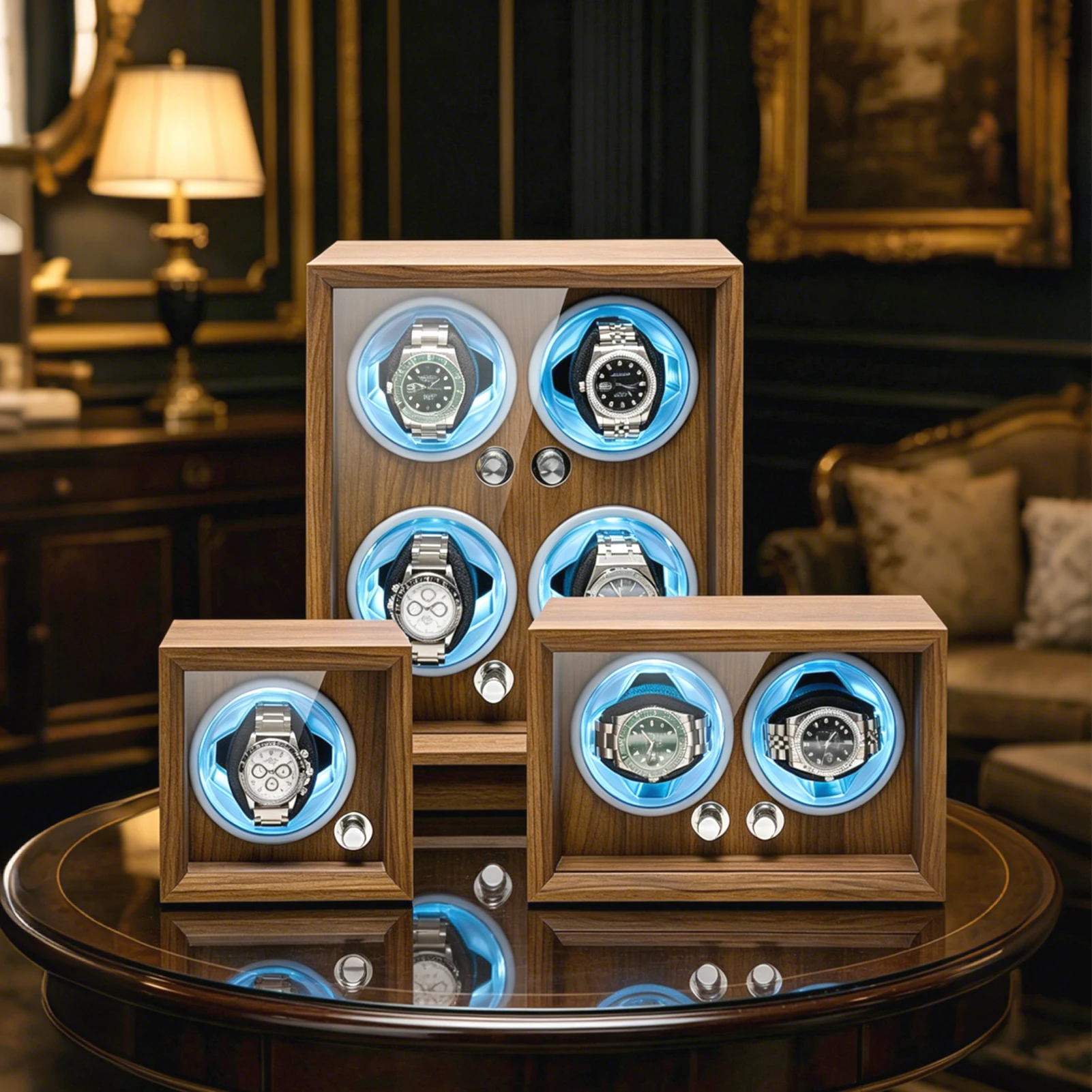 

1/2/4 Slots Watch Winder Wood Grain Finish Box With LED Light Automatic Rotate Mechanical Watch Storage Case for Men and Women