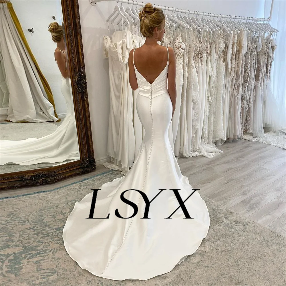 LSYX Simple V-Neck Sleeveless Satin Pleats White Mermaid Wedding Dress Open Back Court Train Bridal Gown Custom Made