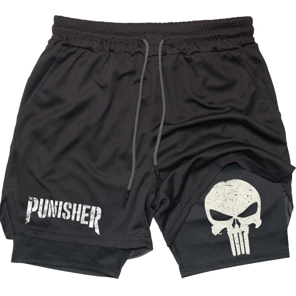 

Marvel The Punisher Gym Shorts Men Fitness 2 in 1 Anime Performance Shorts Mesh Quick Dry Athletics Short Pants Summer Male