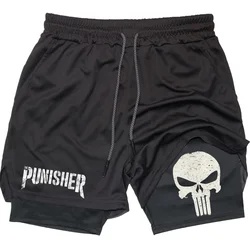 Marvel The Punisher Gym Shorts Men Fitness 2 in 1 Anime Performance Shorts Mesh Quick Dry Athletics Short Pants Summer Male