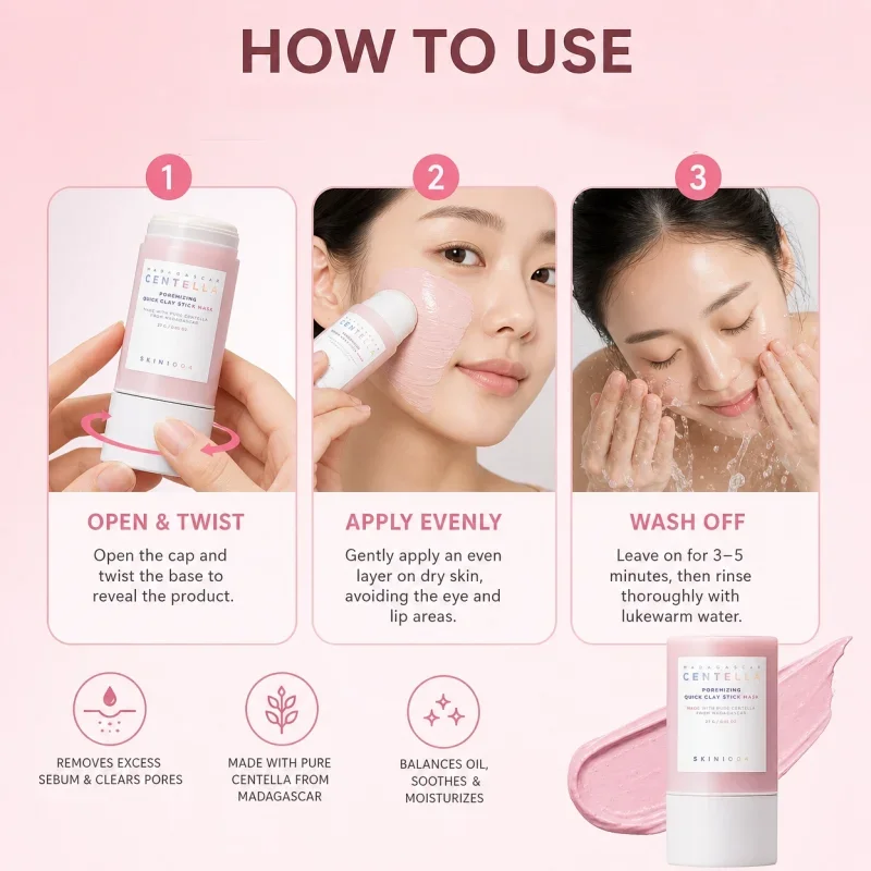 Koreanische Hautpflege Centella Poremizing Quick Clay Stick Maske, Feuchtigkeitsspendende Beruhigende Porenverengende Gesichtsmaske, Gesichtspflegeprodukte – Detail 6