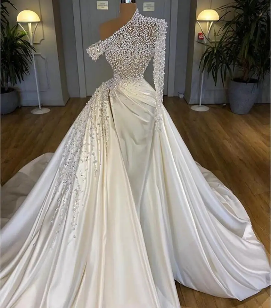 Luxury Dubai Mermaid Wedding Dresses Illusion Pearls Beadings One Shoulder Satin Long Sleeve Overskirts Plus Size Bridal Gowns