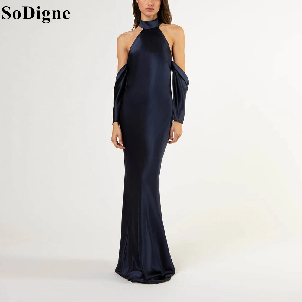 

SoDigne Elegant Navy Blue Satin Evening Dresses High Neck Half Sleeves Backless Mermaid Party Dress 2024 Prom Gowns Customized