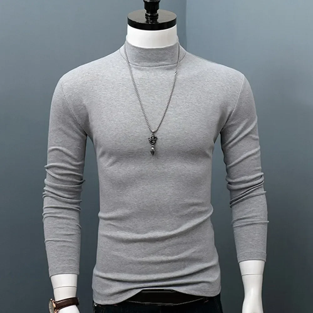 New Winter Warm Men Mock Neck Basic Plain T-shirt Blouse Pullover Long Sleeve Top Fashion Male Outwear Slim Fit Stretch Sweater