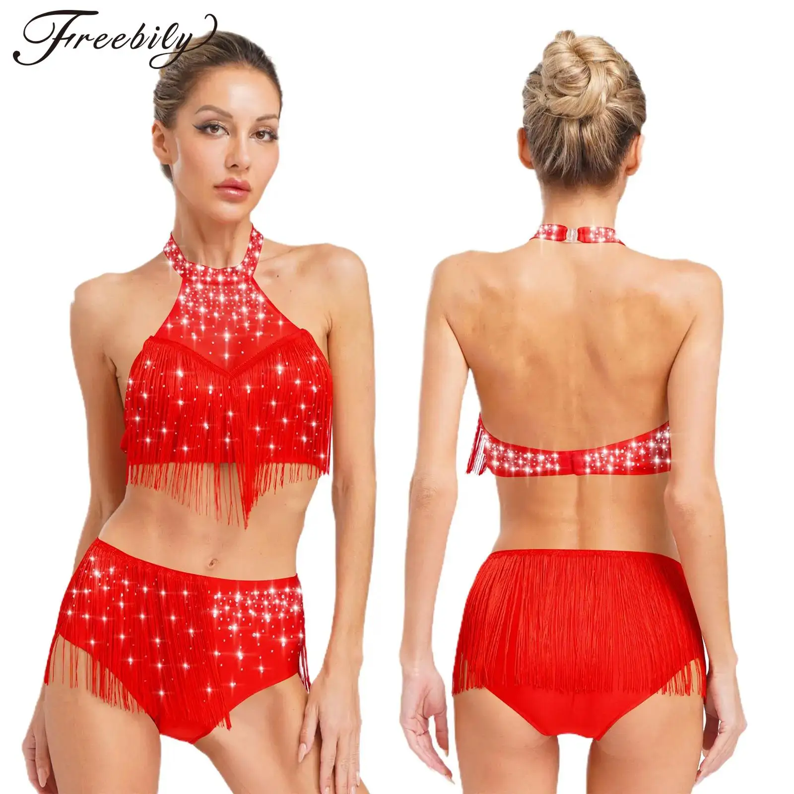 

Женский наряд для латинских джазовых танцев, костюм для бальных танцев, сальсы, самбы, блестящие прозрачные сетчатые укороченные топы со стразами и трусы с кисточками