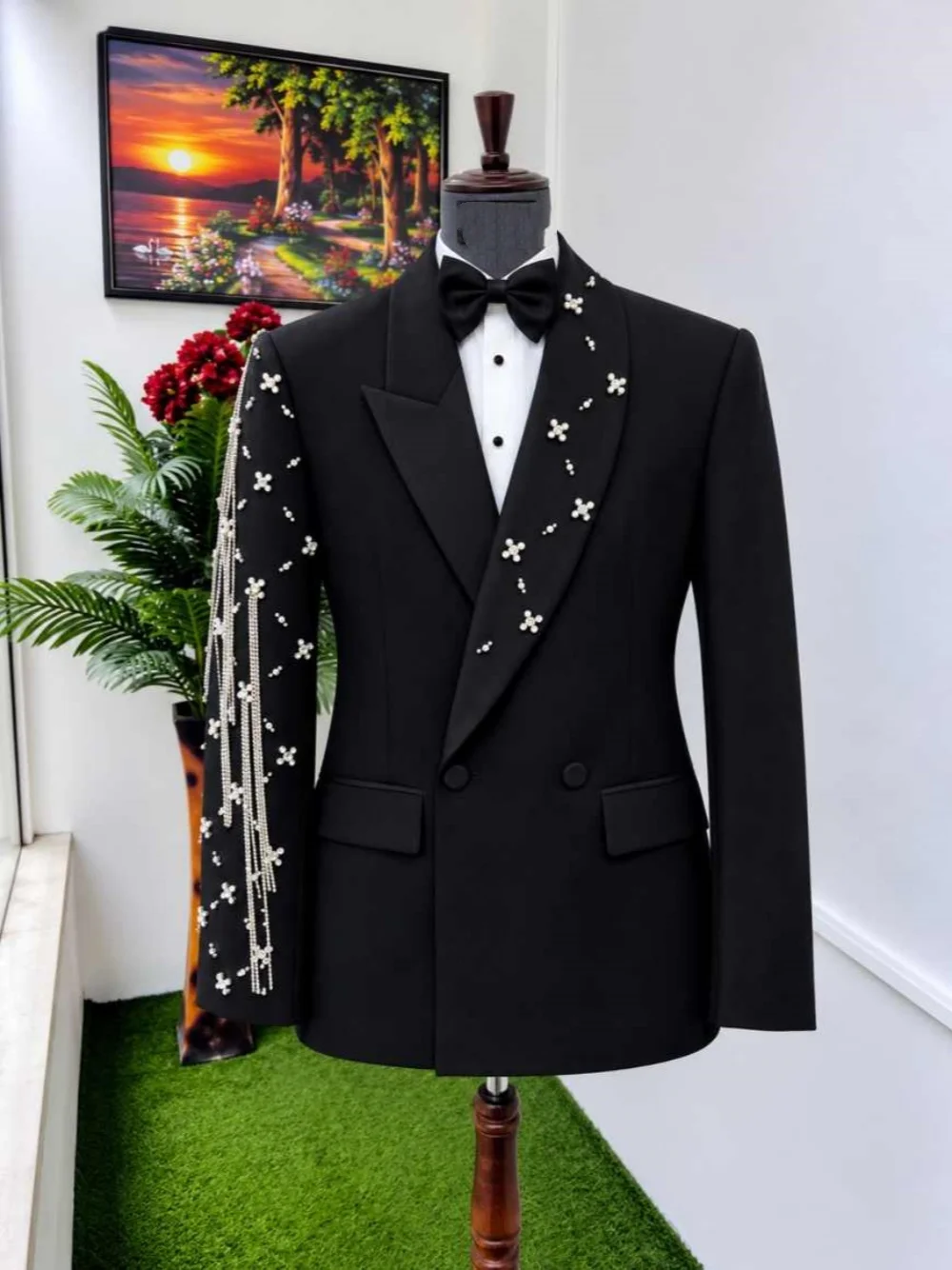 Formal Man Tuxedos Crystal Beading Double Breasted Wedding Suit Design Lapel 2 Piece Jacket Pants Evening Groom  Customized