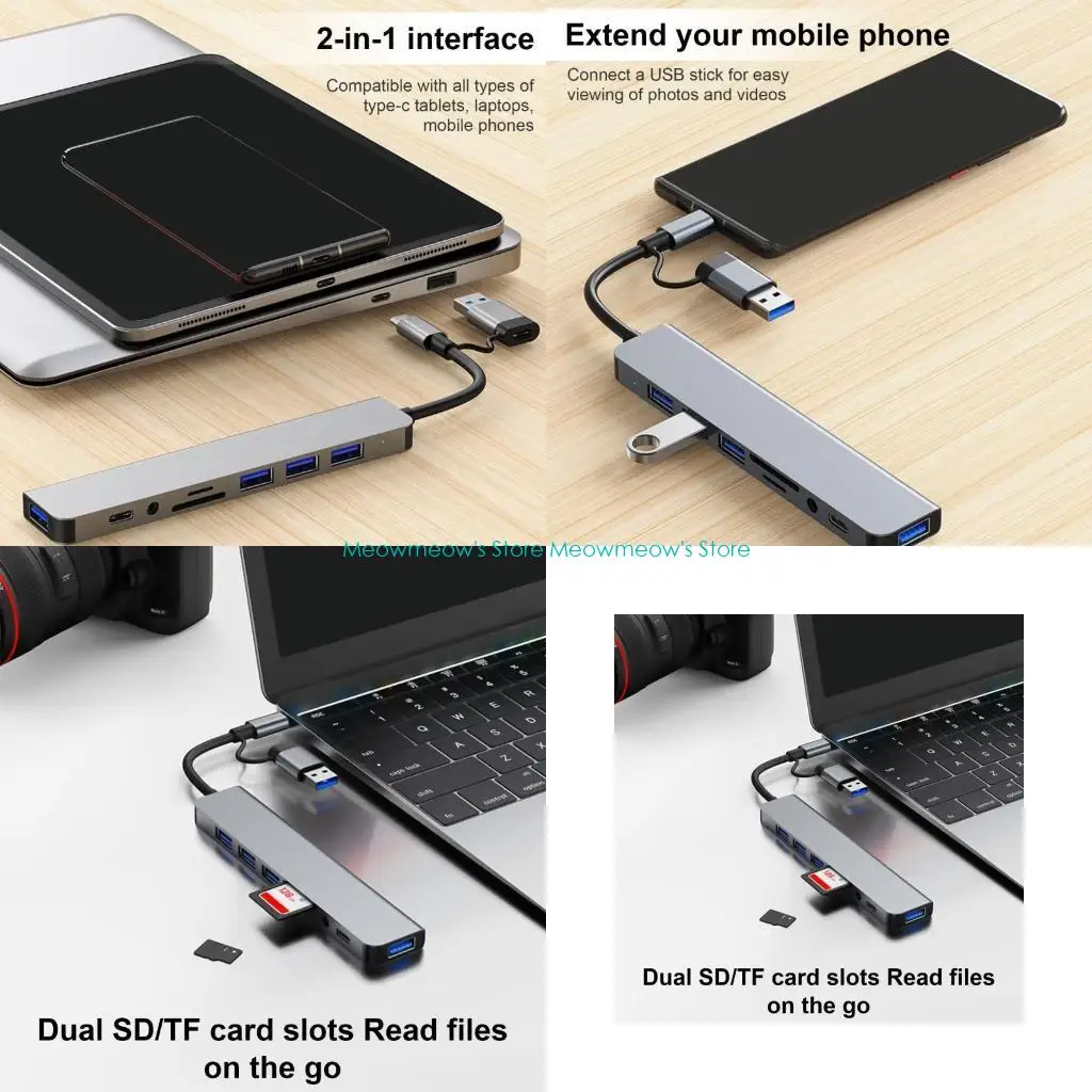 W91A USB C Multiports Adapter USB3.0 Type C Hub مع قارئ البطاقات لسفر الأعمال المتعددة الاستخدام المنزلي #1