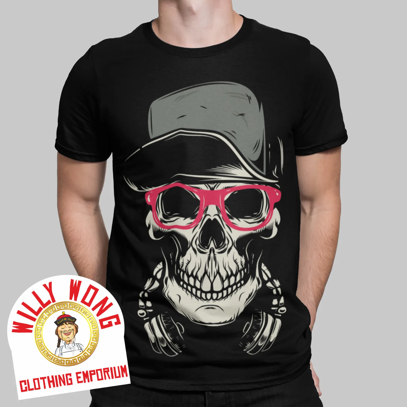 

Skull DJ Cap T-Shirt Smile Halloween Horror Retro Movie Film Japan Tee Gift