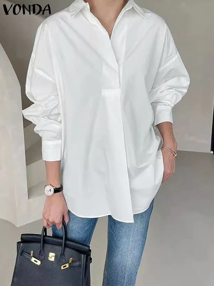 

2025 VONDA Fashion Women Blouse Lapel Long Sleeve Solid Color Shirts Pullovers Autumn Elegant Office Lady Tops Tunic Streetwear