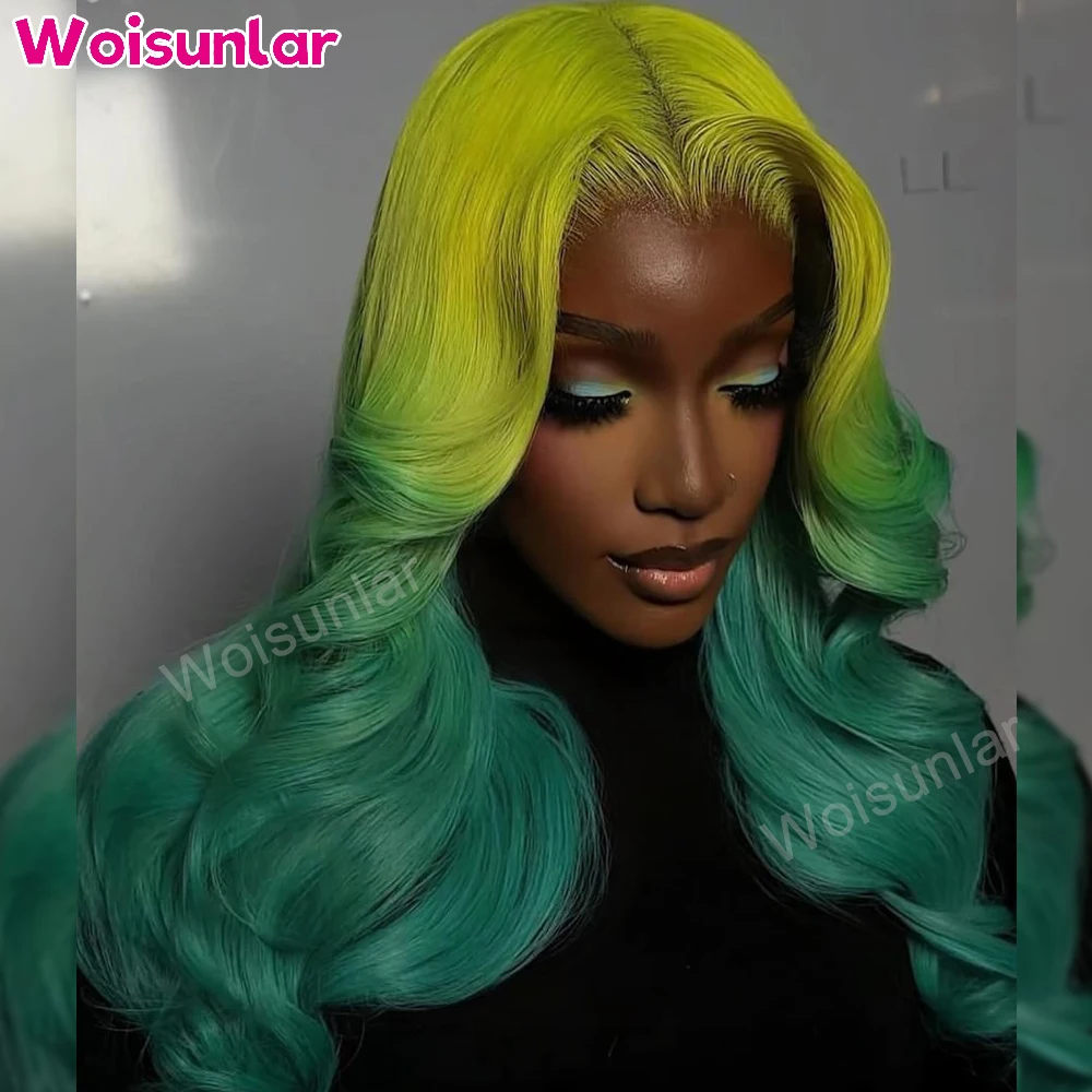 Ombre Yellow and Green Front Lace Wigs Human Hair Pre Styled Transparent Lace Body Wave For Women Human Hair Wig 100% on sales