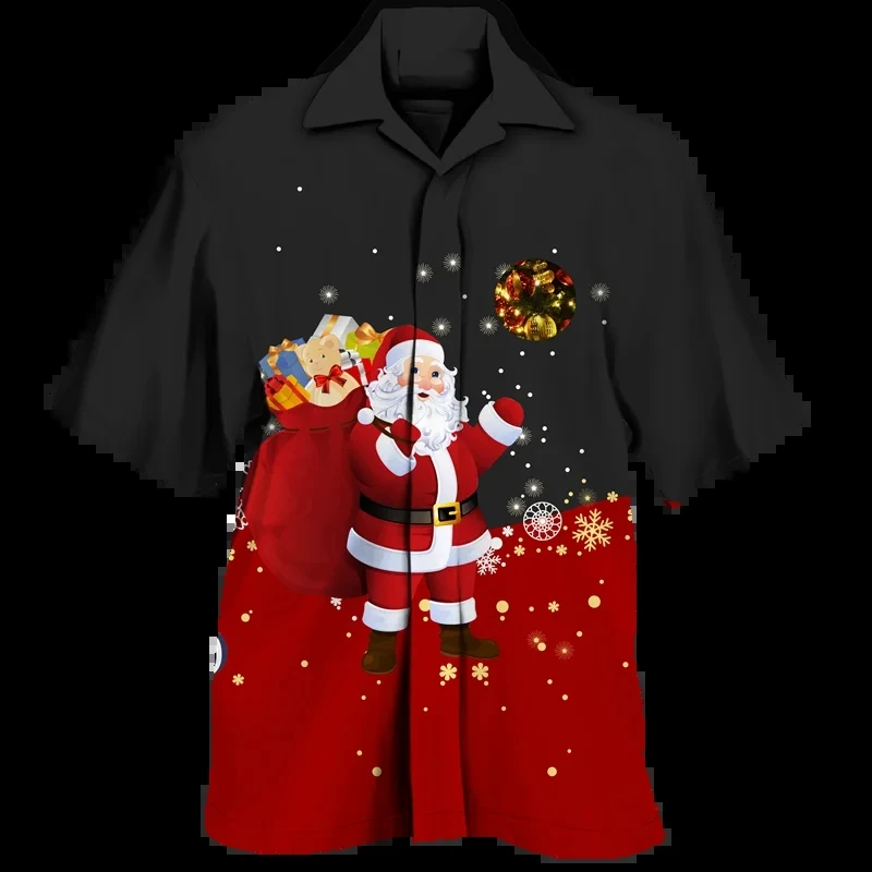 New Year Christmas Men Hawaiian Shirt Xmas Santa Claus Casual Short Sleeve Lapel Tops 3D Print Holiday Party Merry Y2k Blouse