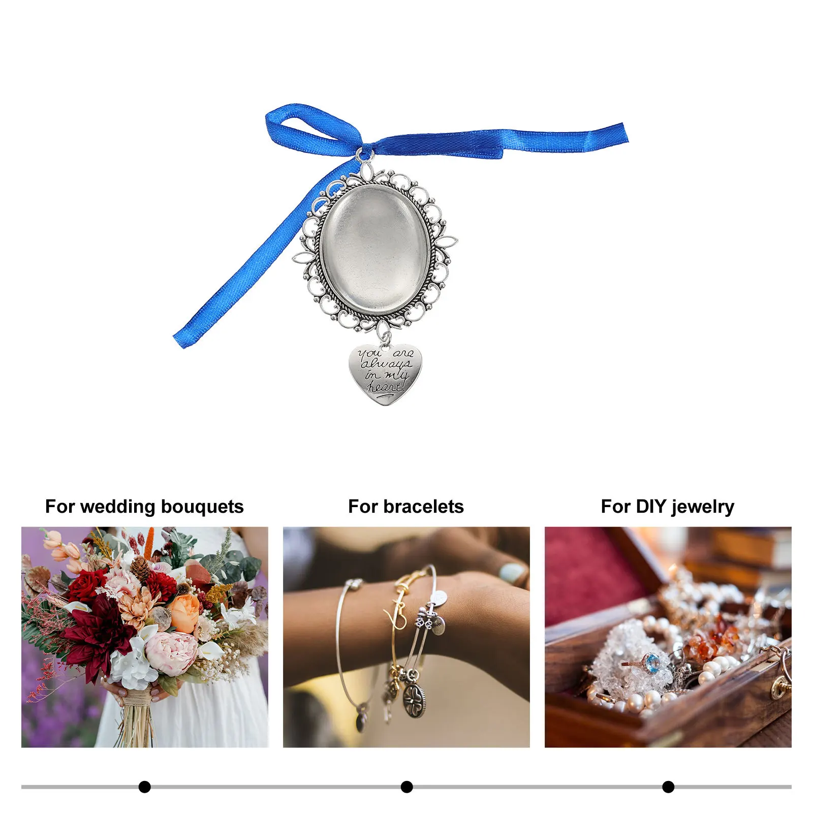 

2Pcs DIY Photo Frame Charms Wedding Bouquet Pendant Memorial Picture Frame Charms Blue Bow Design Clip Attachable