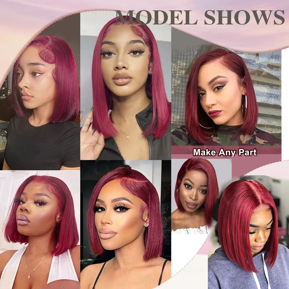 Bob Wig Straight 4x4 Burgundy Human Hair Wig 150% Density Lace Front Human Hair Pre Plucked Glueless Bob Wigs for Women