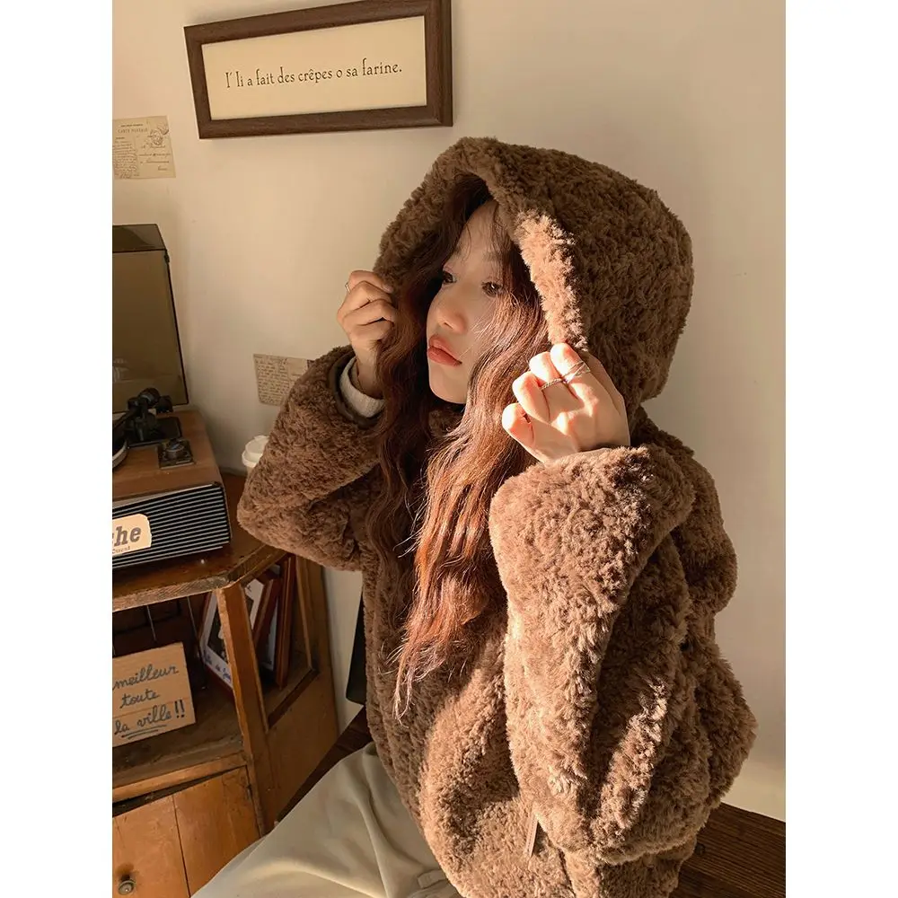 Imitation Lambs Wool Thickening and Wool Fleece Women's Loose Round Collar Coat Kawaii Hoodies Fast Shipping