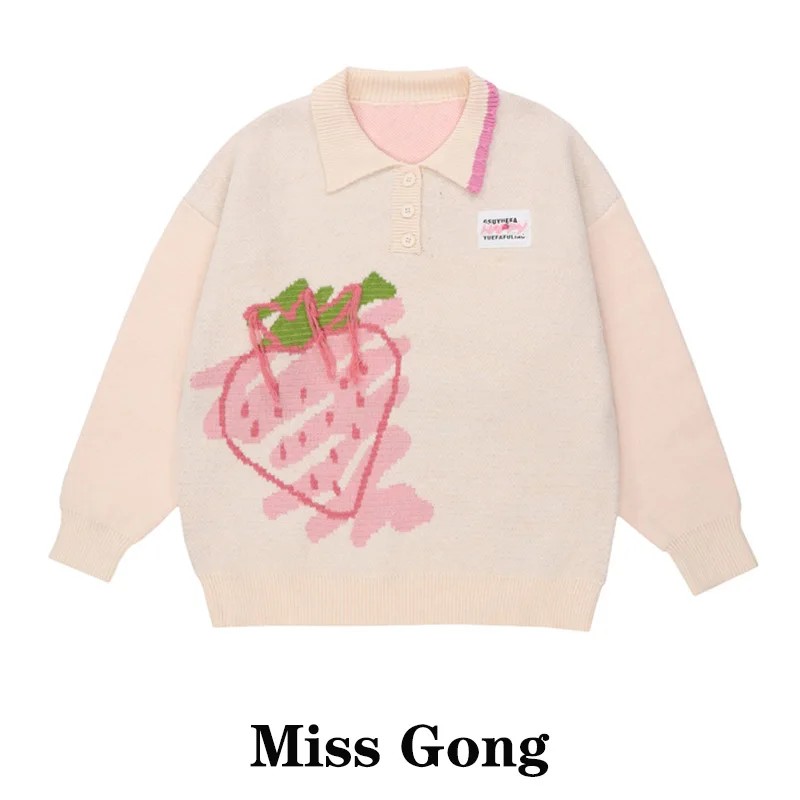 

Sweet Sle Knitted Sweater Women's Loose Fit Crew Ne Long Sve Top Stberry Embroidery Flounce Collar Autumn Winter Ne...