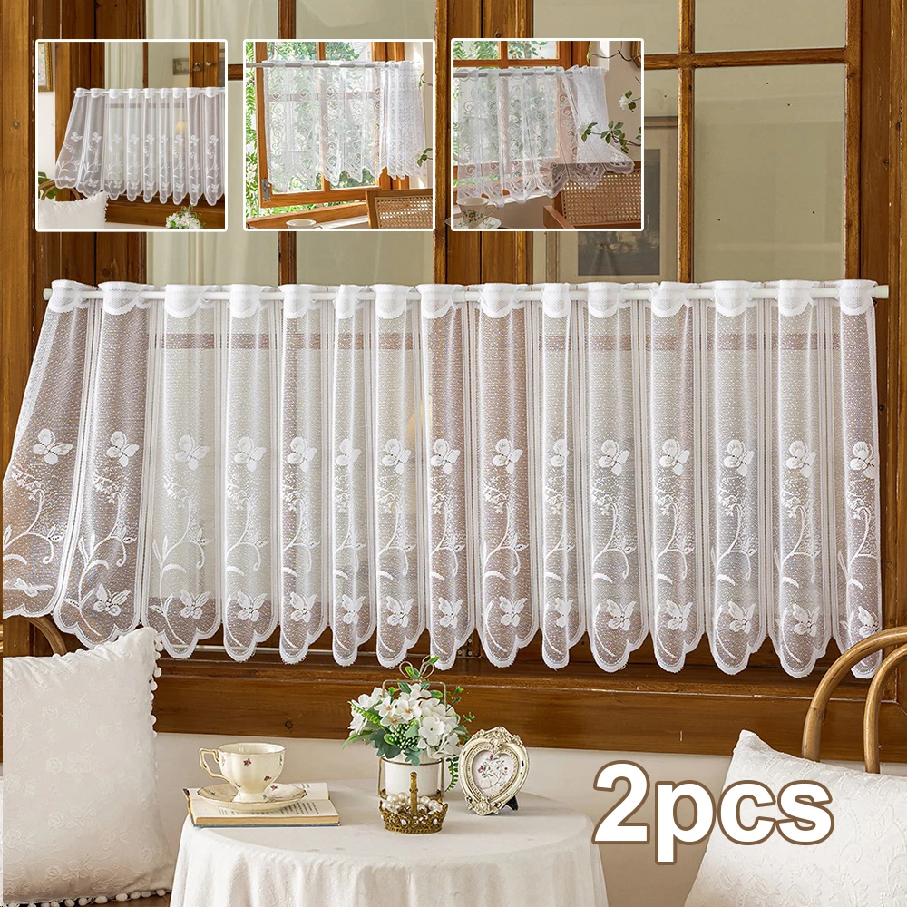 

2pcs Hollow Out Butterfly Lace Sheer Curtain Short Voile Valance Dustproof Drape for Kitchen Cafe Bookshelf Window Decor Vorhang