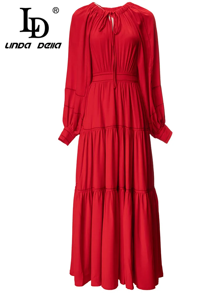 

LD LINDA DELLA Autumn Vintage Runway Dress Women's Red Elastic collar High waist Splice Pleating Slim Fit Party Long Dress