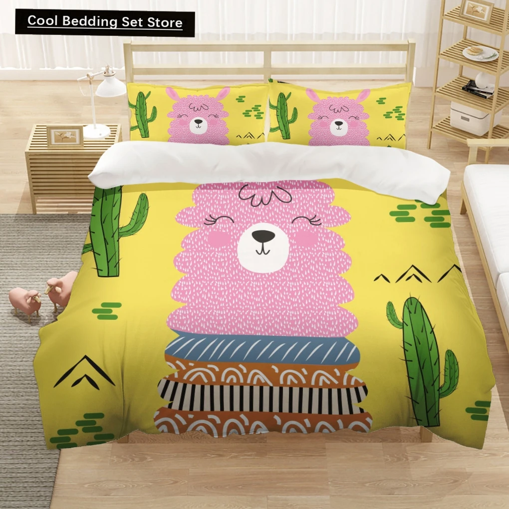 Cartoon Alpaca Duvet Cover King Queen Size Lovely Pet Animal Bedding Set for Kids Fashion Wildlife 2/3pcs Polyester Quilt Cover