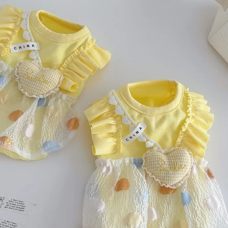 

Teddy Yellow Love Bubble Dress Summer Dog Clothes Thin Pet Sling Small Dog Bichon Frise Cute Breathable Dresses