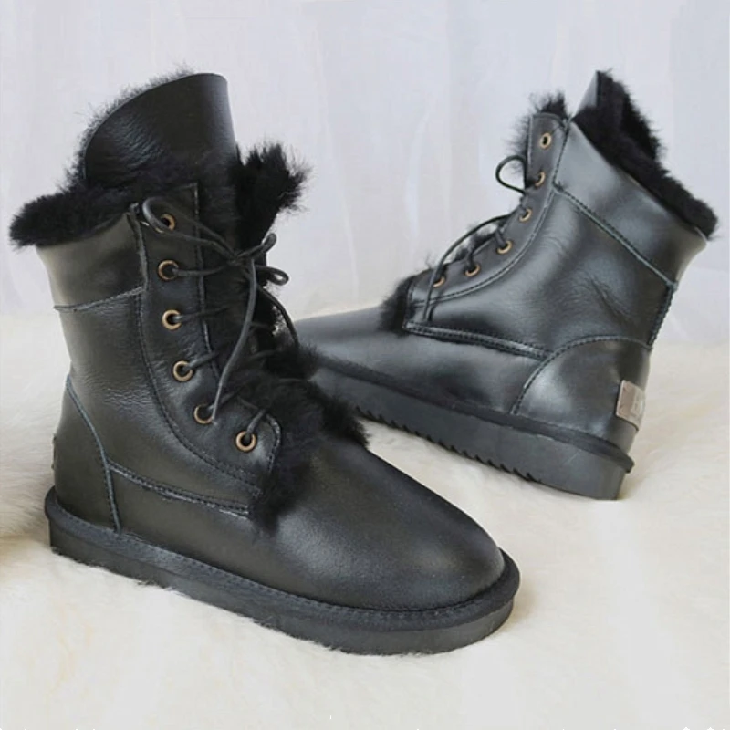 G & Zaco Echte Schapenvacht Lederen Snowboots Vrouwen Wollen Laarzen Waterdichte Natuurlijke Schapenbont Winter Dames Platte Schoenen