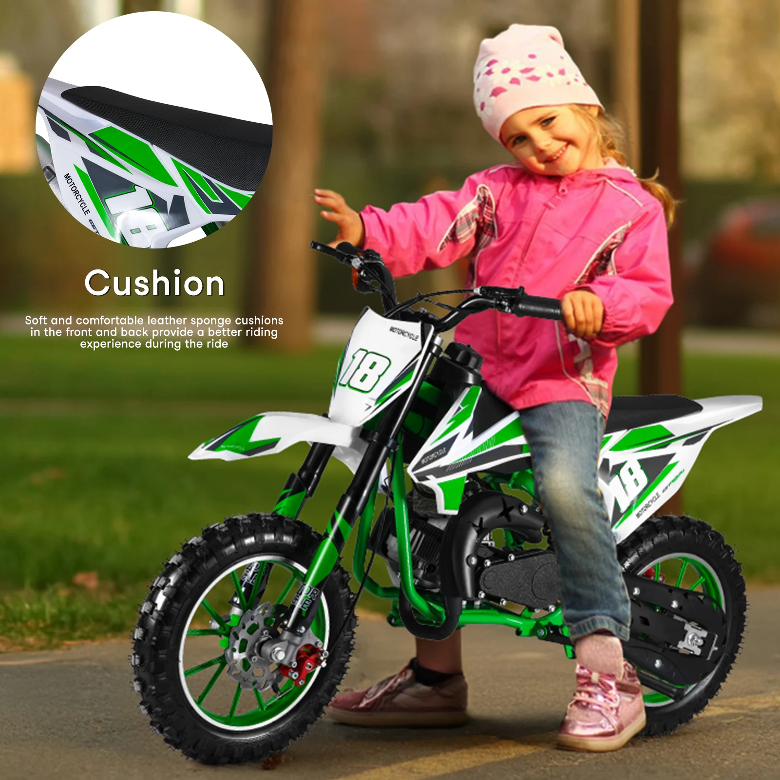 49cc 2-Stroke Kids Dirt Bike, Gas Power Motocross, Off Road Mini Motorcycle, Pocket Motorbike with Front Rear Disc Brakes (Green