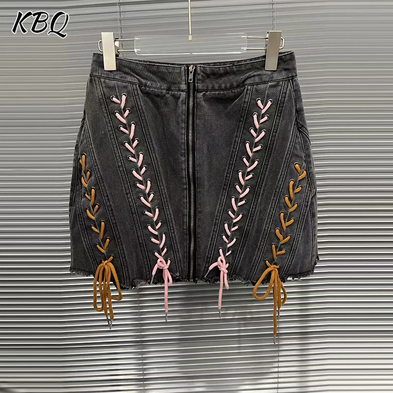 

KBQ Solid Spliced Lace Up A Line Skirts for Women High Waist Spliced Zipper Design Sense Chic Skirts Female Fashion Autumn New