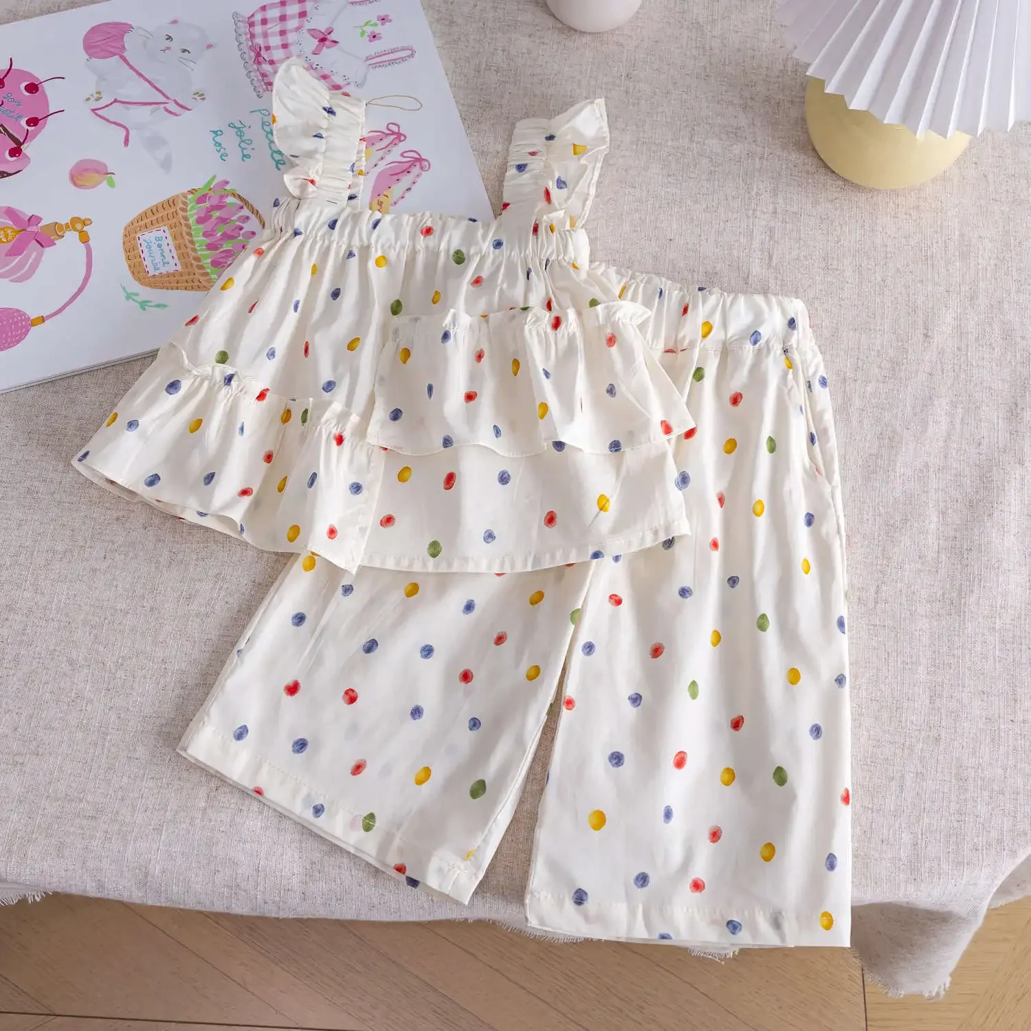 

Fashion Dot Comfortable 2pcs Suits Ruffles Tops T Shirts+casual Pants Kids Children Clothes 2025 Baby Girls Summer Clothing Set
