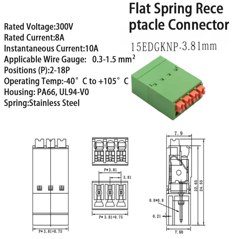 3.81mmFlat Spring-Loaded Connector Kit | Industrial 15EDGKNP Series 2-24P|Precision Equipment & IoT Devices|PA66 Flame Retardant