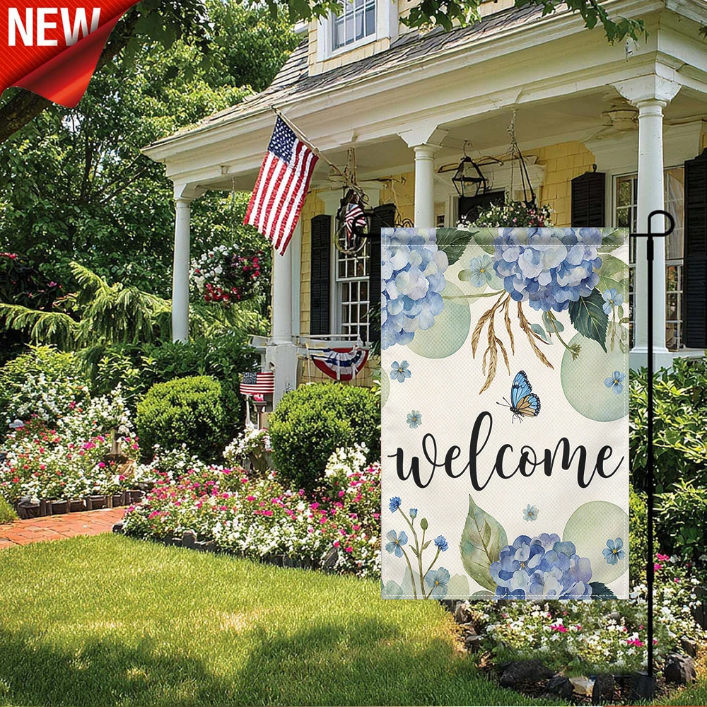

1PC, Welcome Blue Hydrangea Butterfly Garden Flag Watercolor Floral Outdoor Decorative Yard Banner