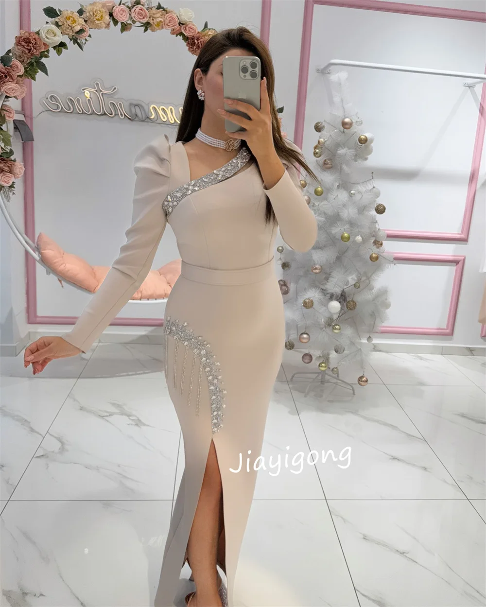 Customized High Quality Jersey Sequined Column Long Dresses Bespoke Occasion  Chinese Style