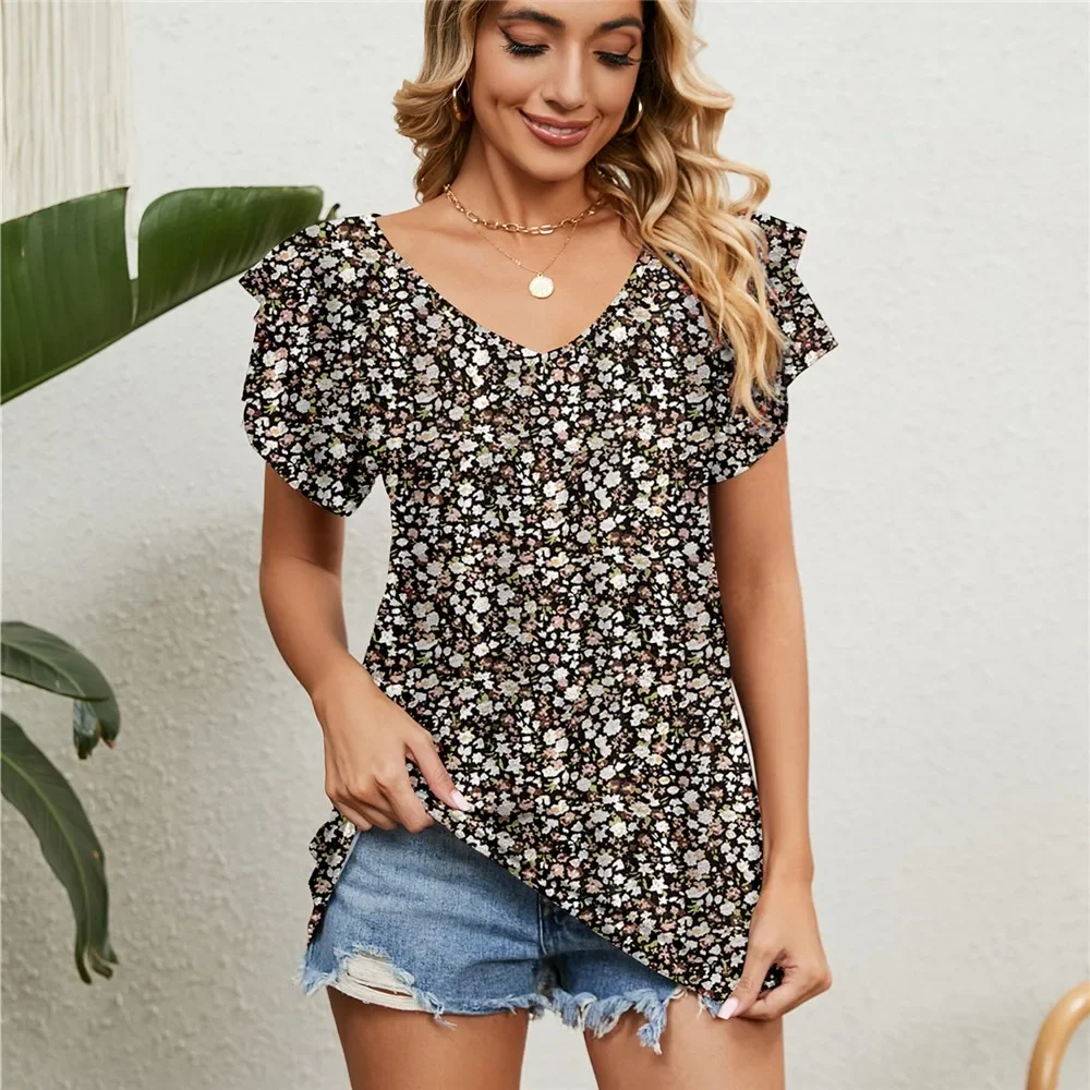 

Women's Shirts & Blouses Women Elegant Summer Tops Short Sleeve Korean Popular Clothes Floral Blouse Woman Trend 2024 Clothing