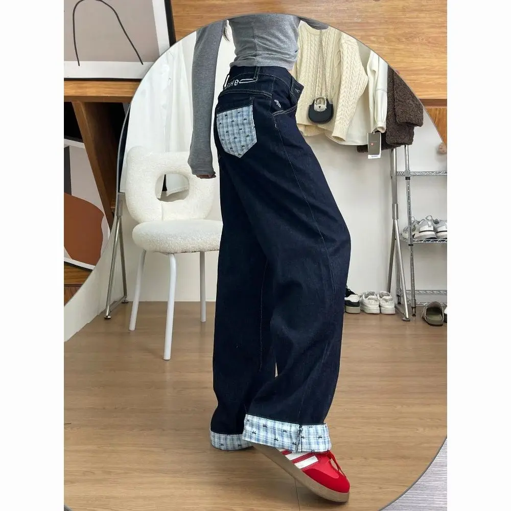 Amerykańskie jeansy w kratę w stylu retro, z szerokimi nogawkami, damskie, luźny krój, wyszczuplające, długie spodnie, nowość na wiosnę, wysoki stan, do pracy.