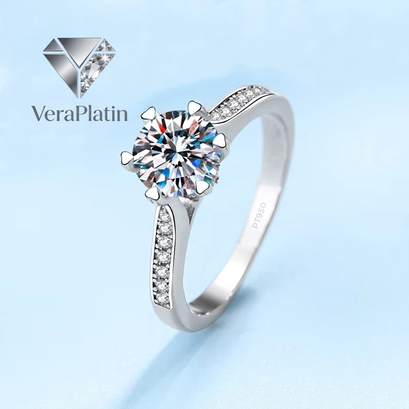 

VeraPlatin Birthday Gift PT950 Platinum Girl Wedding Band Six Heart Pronged Moissanite Diamond VVS1 D Color 1ct Engagement Rings